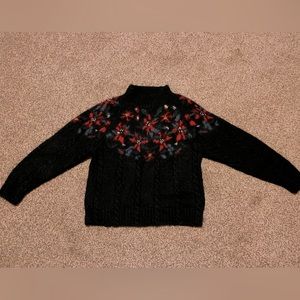 L.L. Bean Women's Sweater Black Red Mohair Blend Long Sleeve Mock Neck Small